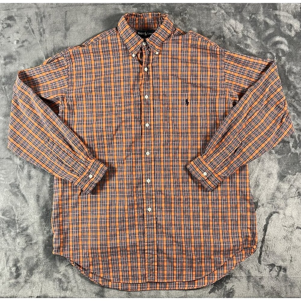 Ralph Lauren Men's Large Big Shirt Plaid Button Down 100% Cotton Orange Preppy